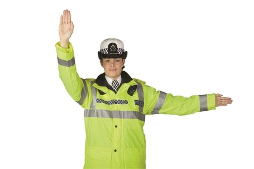 Illustration for the theory test question: A police officer is making this signal to oncoming traffic. What does this mean?